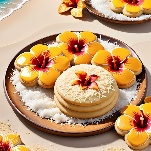 해변에 있는 접시에 꽃이 있는 쿠키