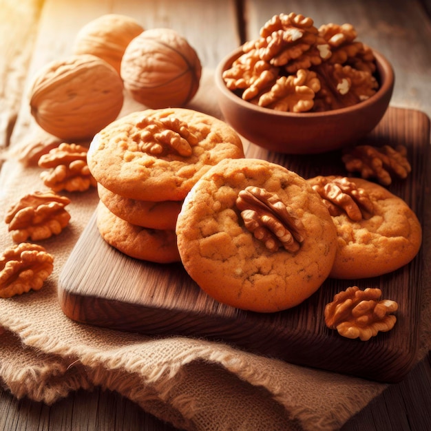 Cookies with walnuts on wooden table healthy food concept ai generative