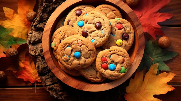 Photo a cookies on the wooden bowl fall season scene