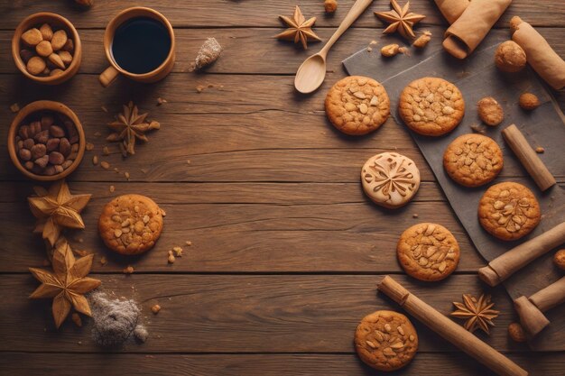 Cookies on a wooden table Top view ai generative