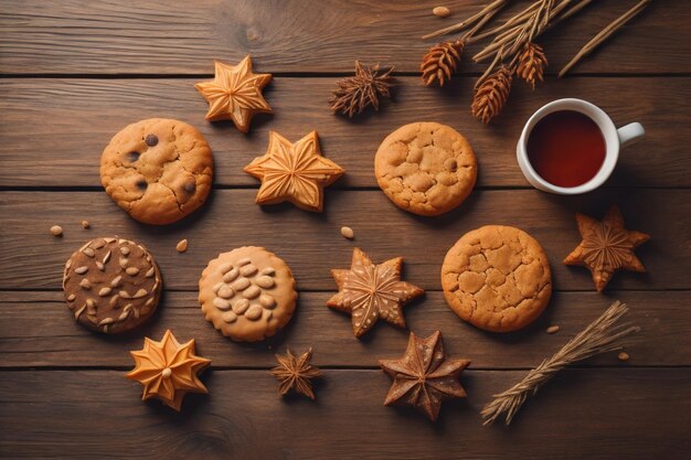 Cookies on a wooden table Top view ai generative