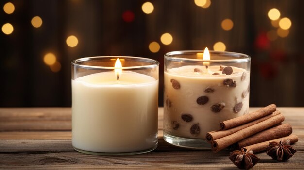 Cookiescented handmade candles Cozy photo on a wooden background with blurry bokeh lights AI