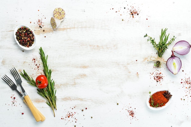 Cooking banner Background with spices and vegetables Top view Free space for your text