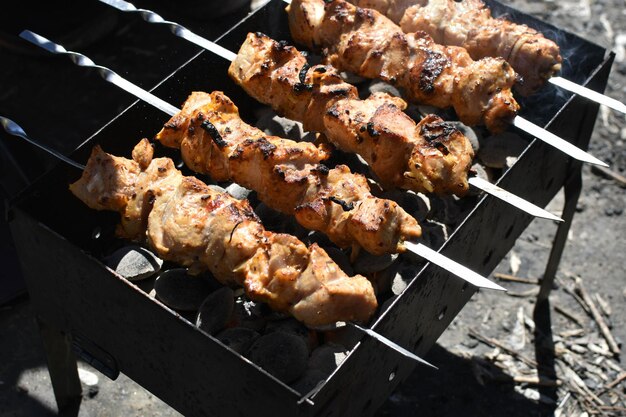 Cooking barbecue in nature Grilled meat Field trip picnic season Hot meat cooked on hot coals