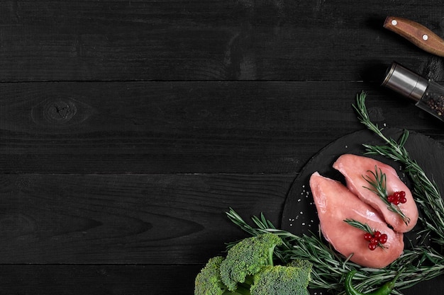 Foto cucinare i petti di pollo sul tavolo ci sono spezie rosmarino pepe rosso e nero concetto cibo sano su uno sfondo di legno nero vista dall'alto con spazio per la copia natura morta piatto lay