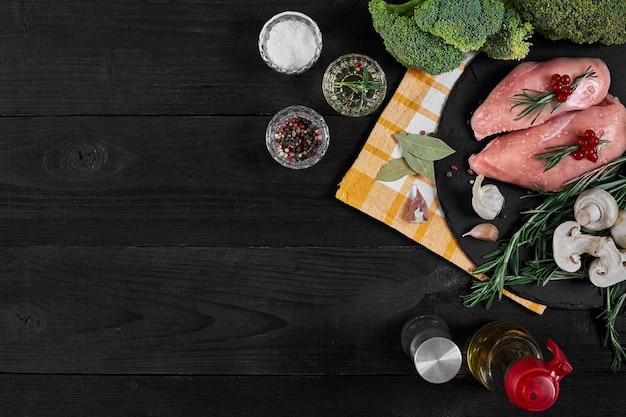 Cooking chicken breasts On the table are spices rosemary red and black pepper mushrooms broccoli Concept healthy food On a black wooden background Top view with copy space Still life Flat lay