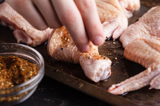 Cooking chicken leg, close up with spices