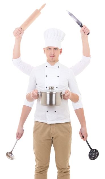 写真 料理のコンセプト-白で隔離のキッチン設備を保持している6つの手を持つシェフの制服を着た男