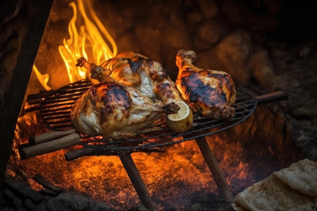 Cooking delicious chicken on open fire on summer backyard grill