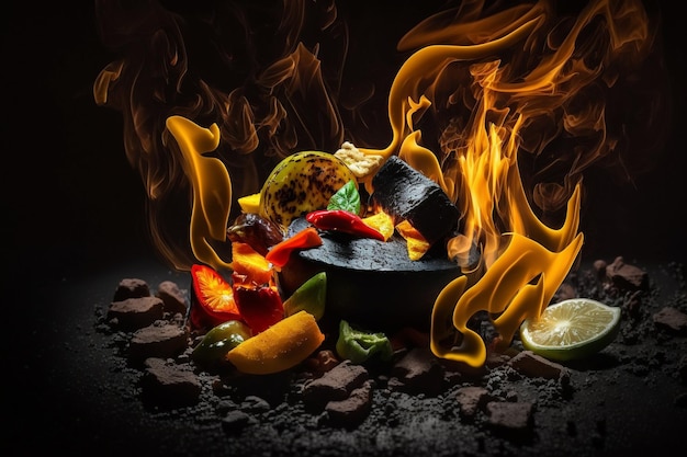 Cooking delicious food on a campfire creative fresh cuisine barbecue vegetables and fruits on the grill Generative AI