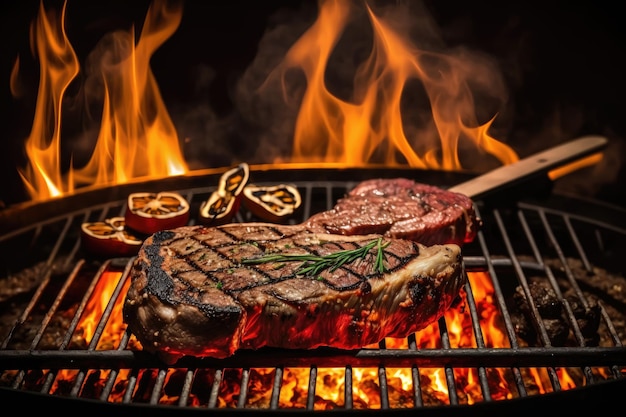 Cooking delicious meat on fire on backyard grill