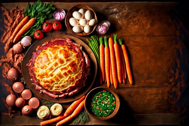 Cooking Easter ham from eggs and vegetables on wooden table