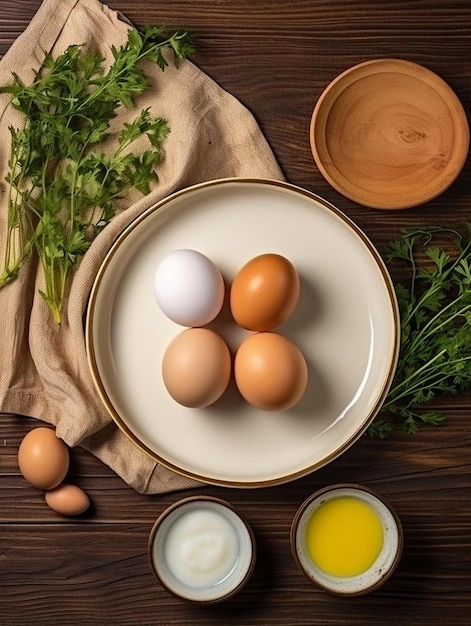 나무 테이블  ⁇ 에  ⁇ 인 계란과  ⁇ 긴 계란과  ⁇ 은 계란과 같은 예의 바른 방식으로 계란을 요리합니다.
