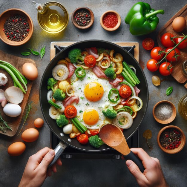 Photo cooking eggs and vegetable