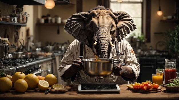 A cooking enthusiast anthropomorphic elephant following a recipe on a tablet