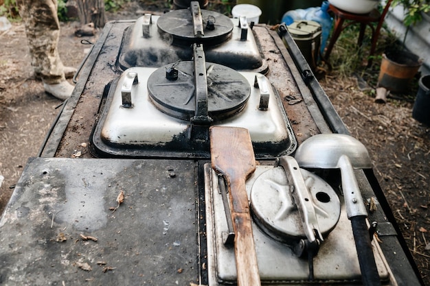 Cooking in the field kitchen during the war in Ukraine conditions during the war