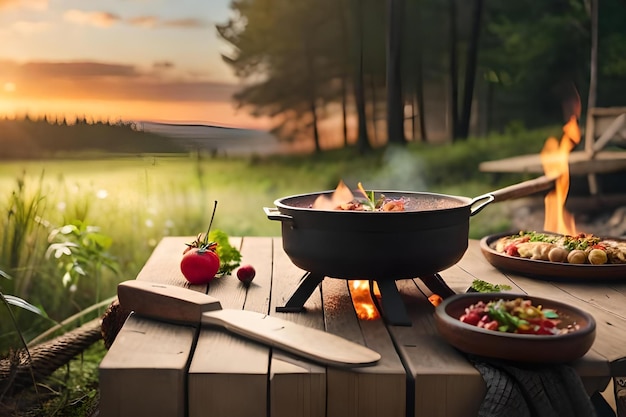 Cooking on a fire with a sunset in the background