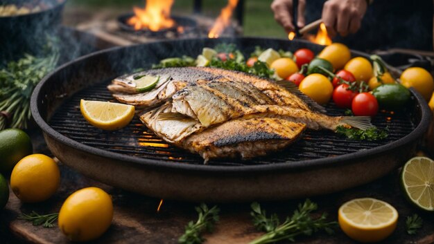 Photo cooking fish dorado on grill with vegetables grilled fish bbq good food