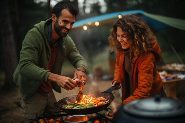 cooking food while camping and joking together