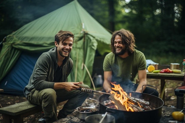 cooking food while camping and joking together