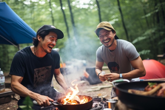 cooking food while camping and joking together