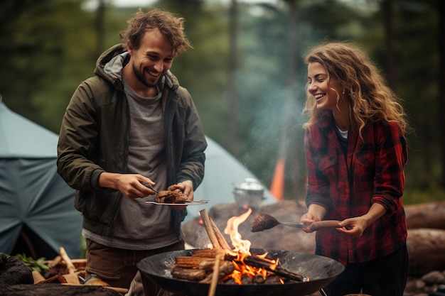 cooking food while camping and joking together