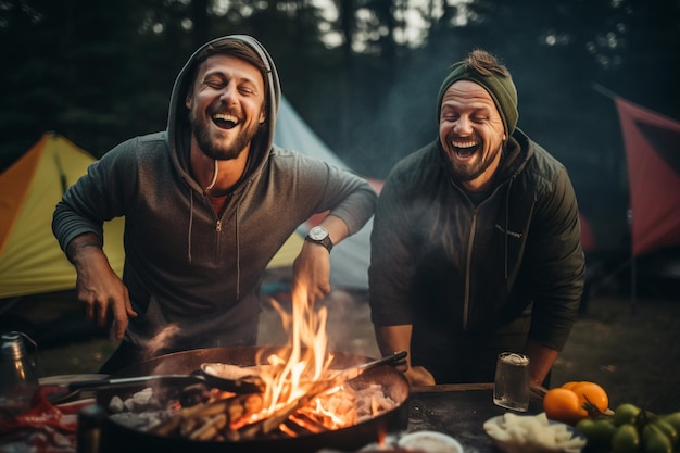 cooking food while camping and joking together