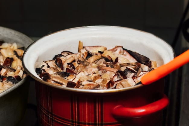 Cooking forest edible mushrooms. Boil chopped Imleria badia, Suillus, Leccinum in a saucepan.