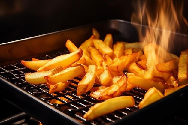 Foto cucinare patatine fritte da vicino di friggere patatine fritte nella friggitrice in olio caldo