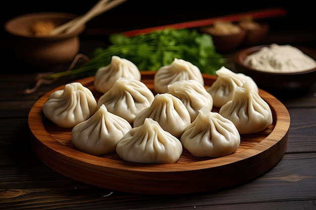 Cooking Georgian dumplings khinkali with meat on a wooden board using flour