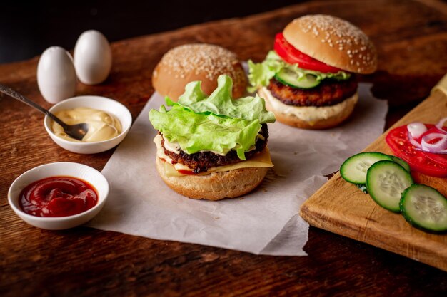 Cooking a hamburger Stacking vegetables in a hamberger The ingredients are different on a wooden background Hamburger day