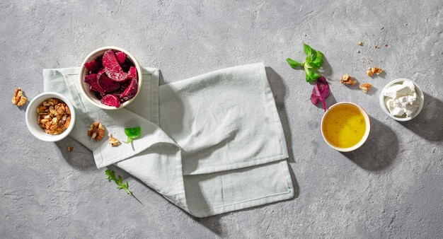 Cooking healthy food. Ingredients for preparation summer salad of baked beets