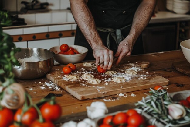 Foto cucinare ravioli italiani su un tavolo di legno