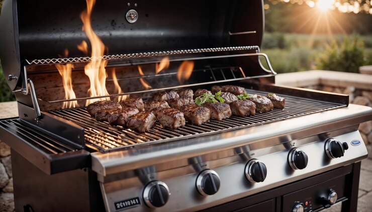 Photo cooking kebabs and steaks in a modern grill in the outdoors