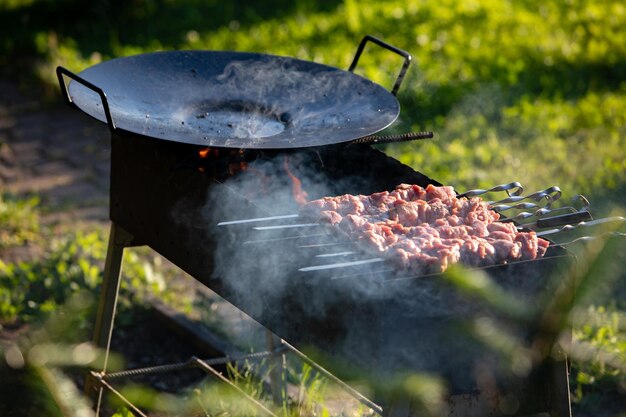 バーベキューの火で肉を調理する