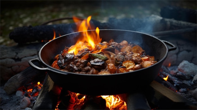 Cooking meat in a cauldron on a campfire Closeup