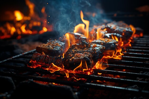 Photo cooking meat on fire in the grill