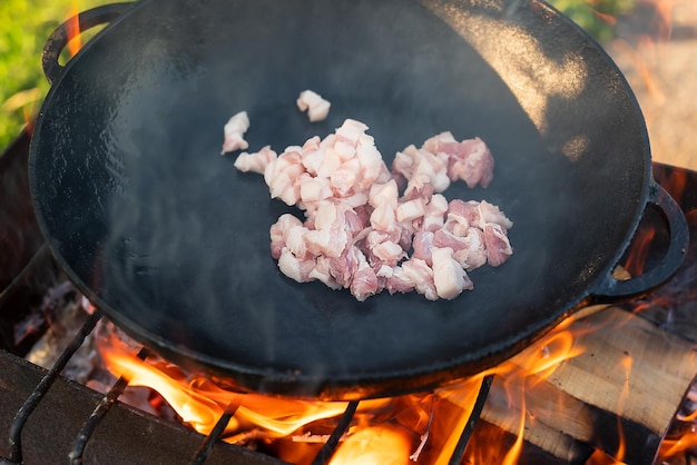 Приготовление мяса сало бекон в чугунной сковороде с дымом Свежее мясо жареное на огне Пикник на природе