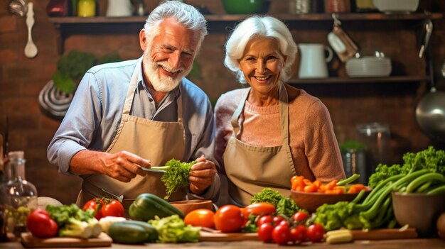 Cooking a nutritious vegan lunch using vegetables with an elderly couple Generative AI