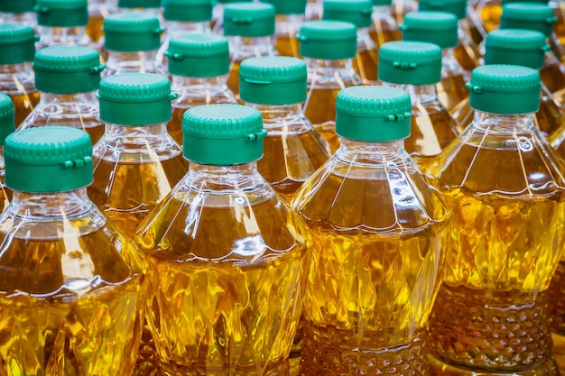 Cooking oil bottles at factory warehouse