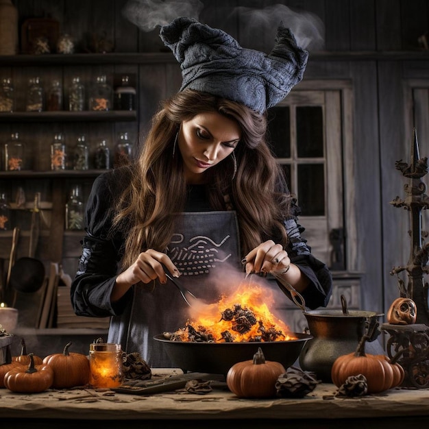 写真 ハロウィーンの魔女のキッチンで料理する