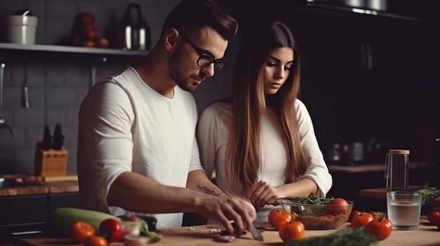 Foto cucinare pasti sani e biologici in cucina con un attraente ritratto di coppia e l'ia generativa