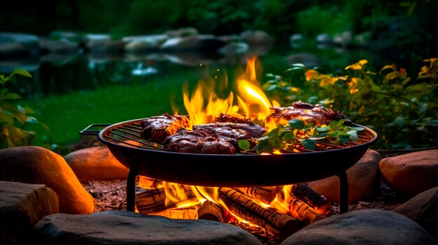 Cooking outdoors by the campfire for food on the fire grill in the backyard Generative AI