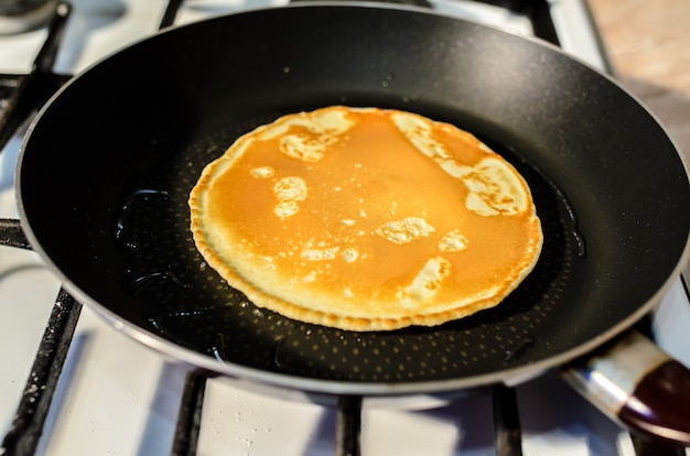 Cooking pancakes in a frying pan.