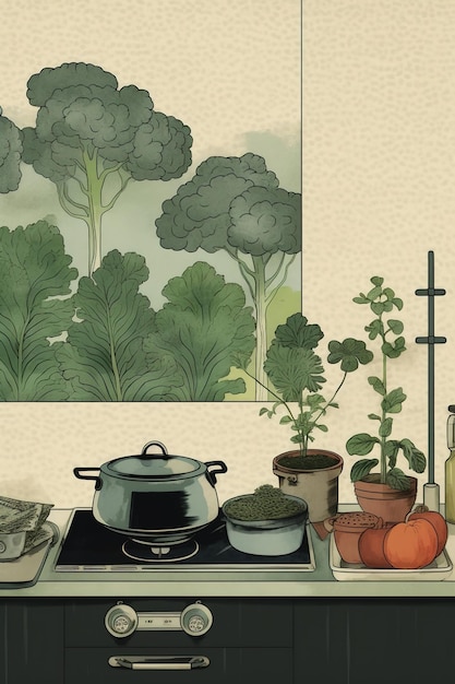 a cooking pot on the stove with broccoli and several other veggies
