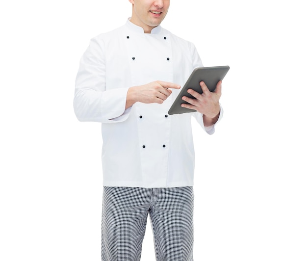 cooking, profession and people concept - close up of happy male chef cook holding tablet pc computer