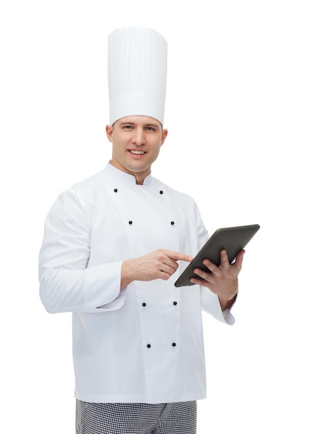 cooking, profession and people concept - happy male chef cook holding tablet pc computer