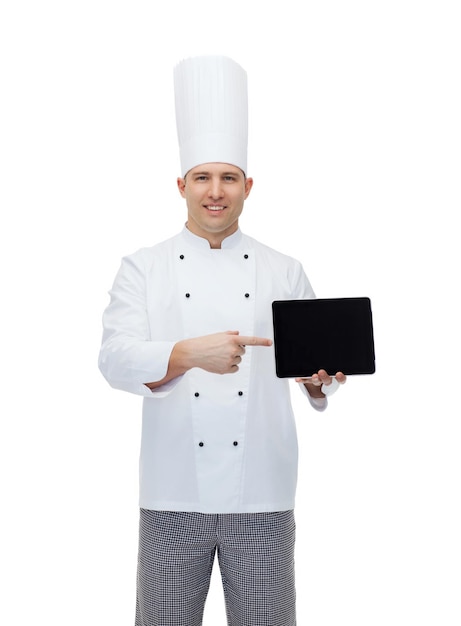 cooking, profession and people concept - happy male chef cook showing tablet pc computer black blank screen