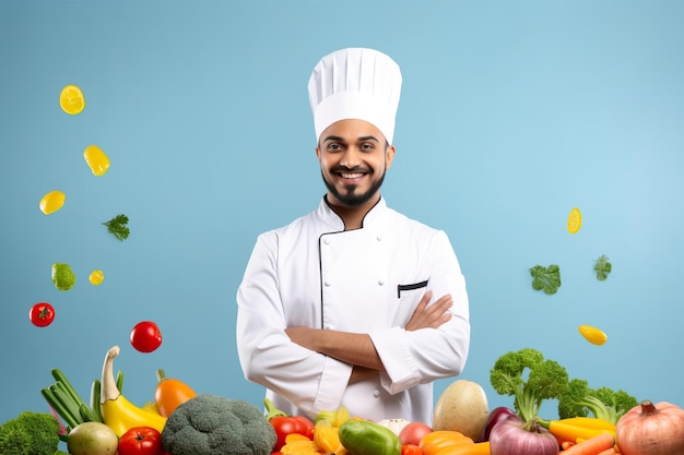 Cooking professional chef smiling at the camera with flying vegetables all around him in a blue background