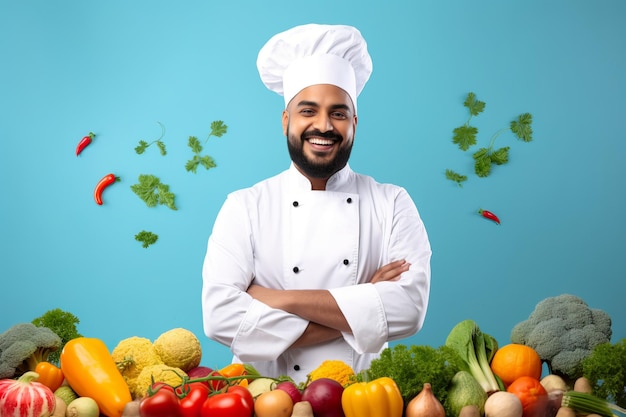 Cooking professional chef smiling at the camera with flying vegetables all around him in a blue background